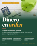 Portada de Dinero en orden: hucha verde, calculadora y gafas sobre una mesa de madera