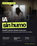 Portada de la guía IA sin humo: mujer escribiendo notas junto a su portátil en la mesa de la cocina